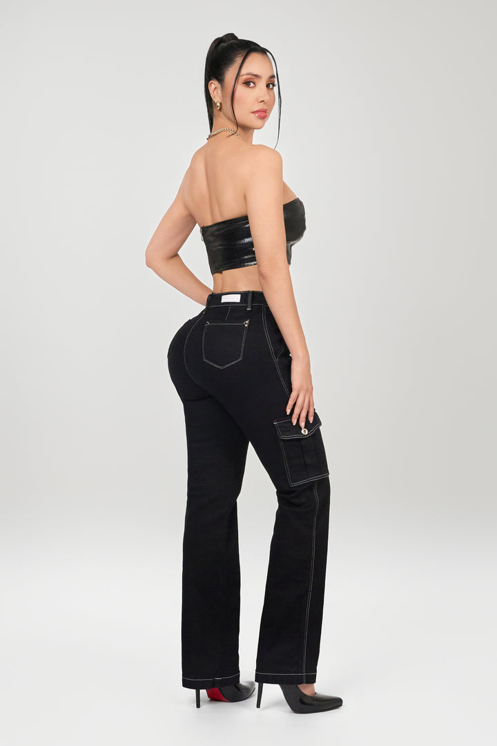 BLACK CARGO JEANS 6892
