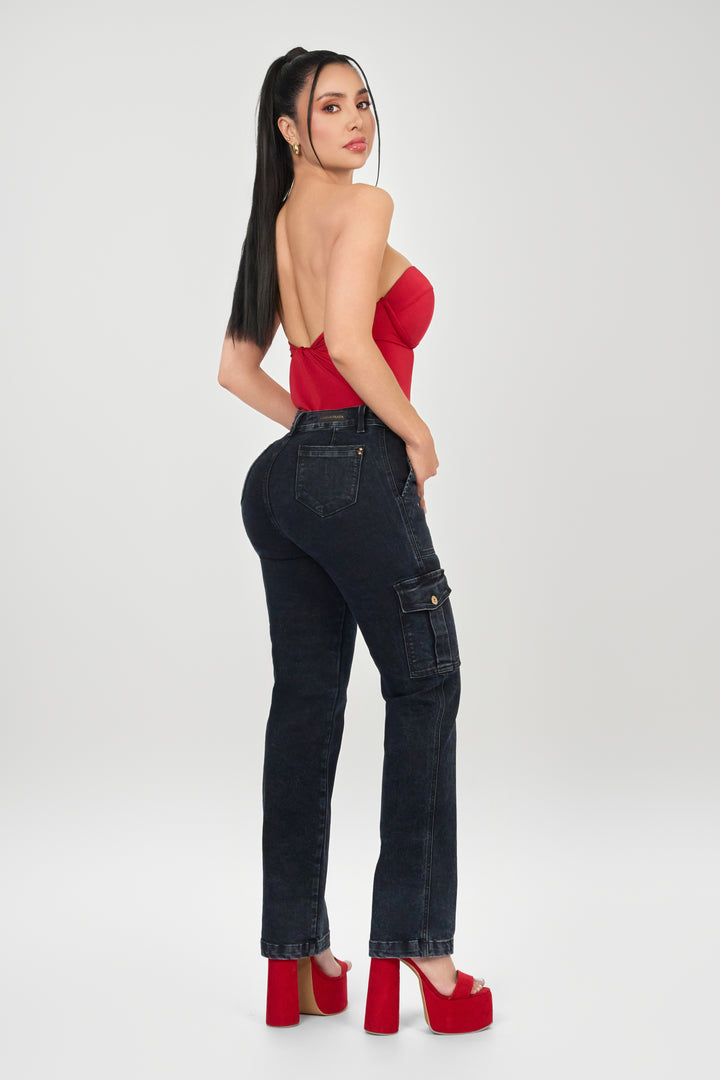 Cargo style trousers, straight boot, with slim fit, back pockets, and a clean design.