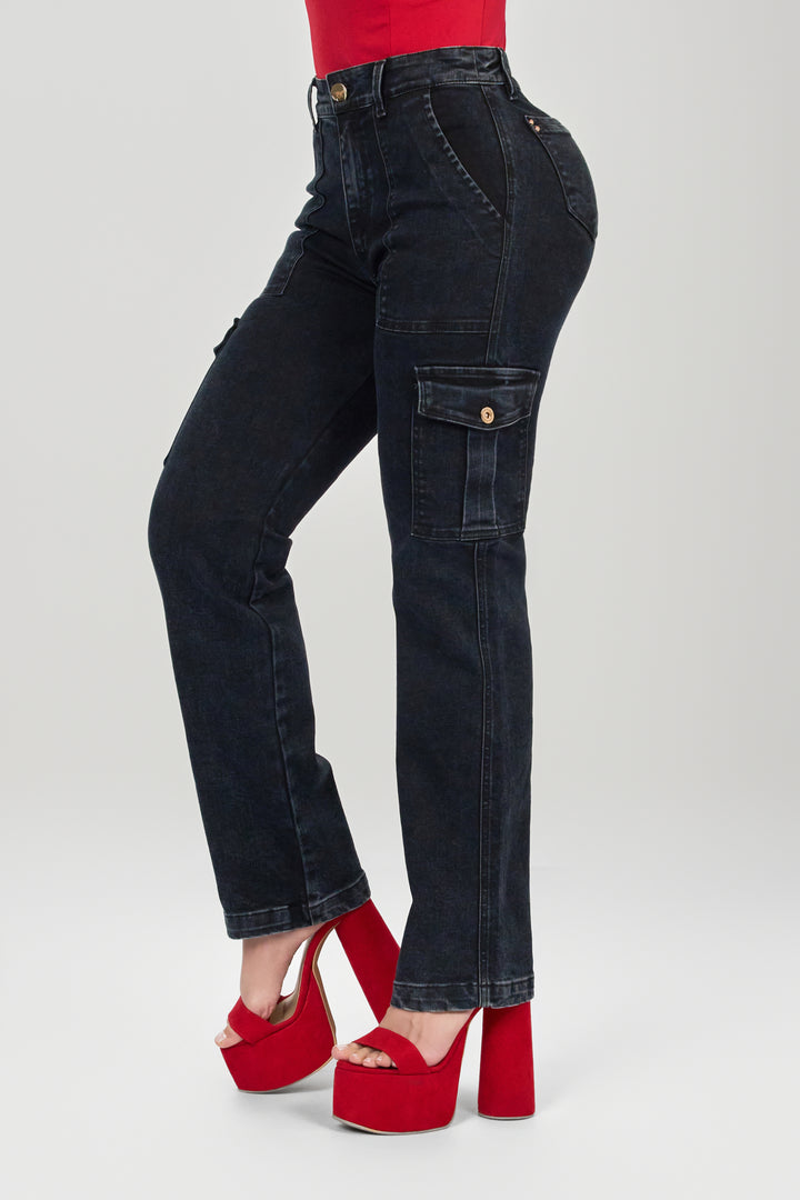 BLACK CARGO STRAIGHT JEANS 6893