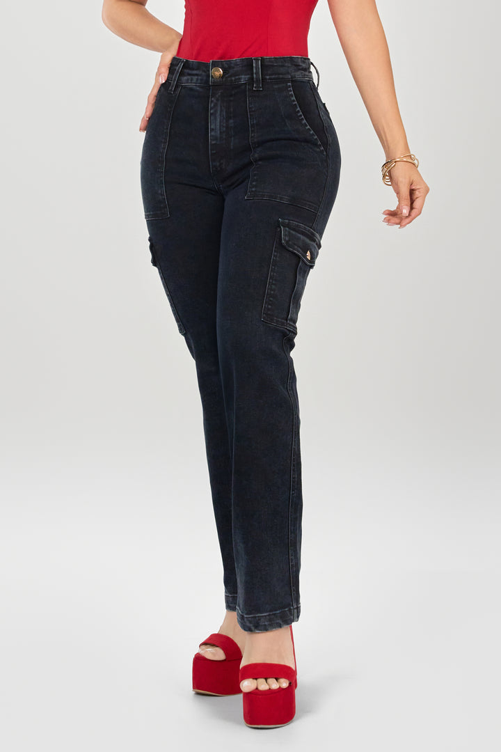 BLACK CARGO STRAIGHT JEANS 6893