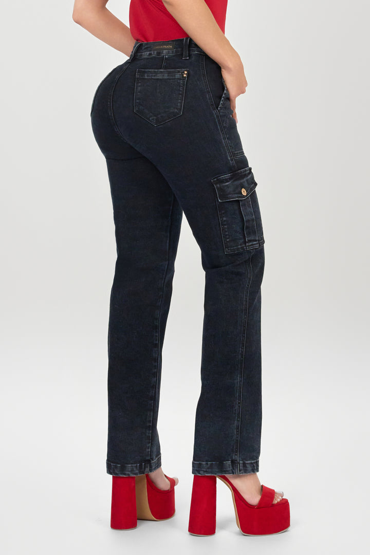 BLACK CARGO STRAIGHT JEANS 6893
