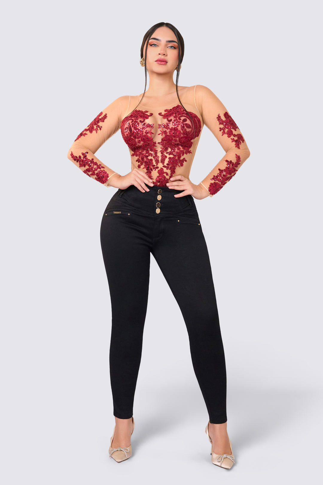 Black skinny jeans with a wide waistband, high rise, perfect fit, and elastic. 