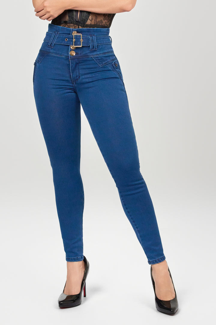 BLUE COLOR, HIGH WAIST, WITH DENIM STRAP AND MEYALIC ADJUSTMENT, CLASSIC AND CLEAN DESIGN.