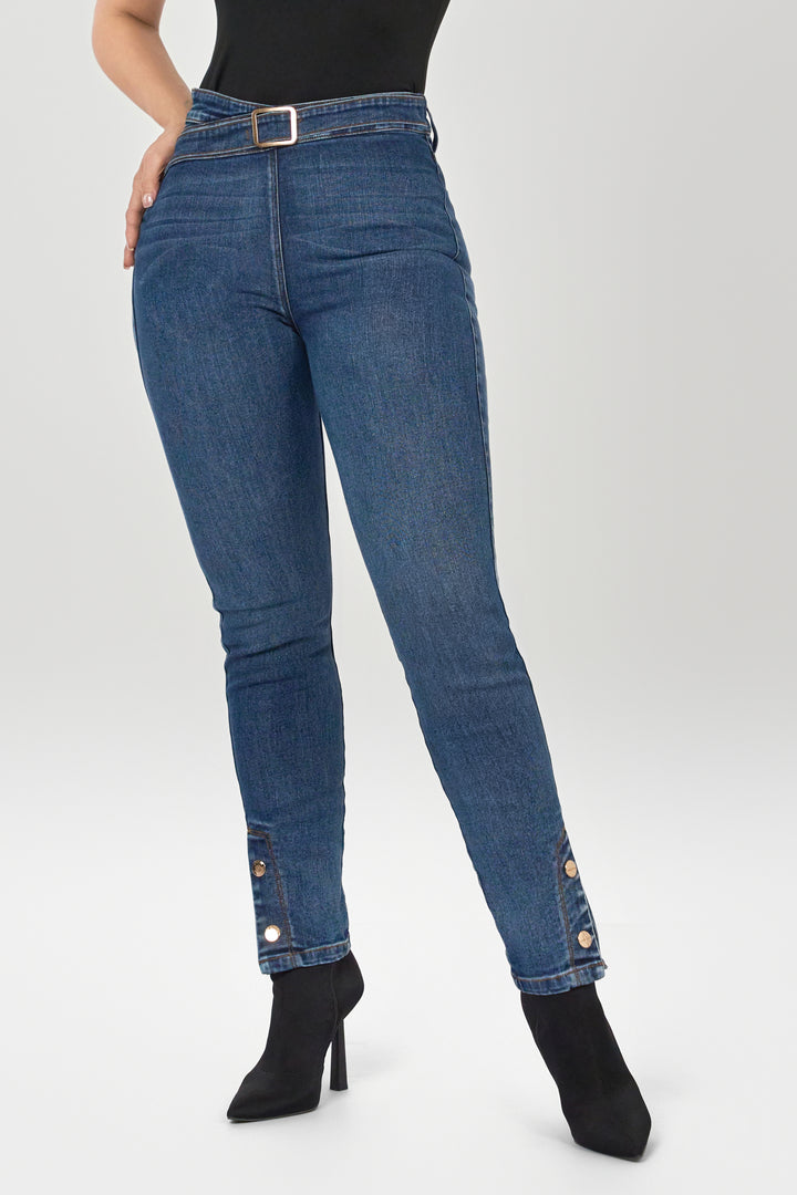 Blue skinny jeans, high rise, with adjustable denim waistband, with buttons on the boot.