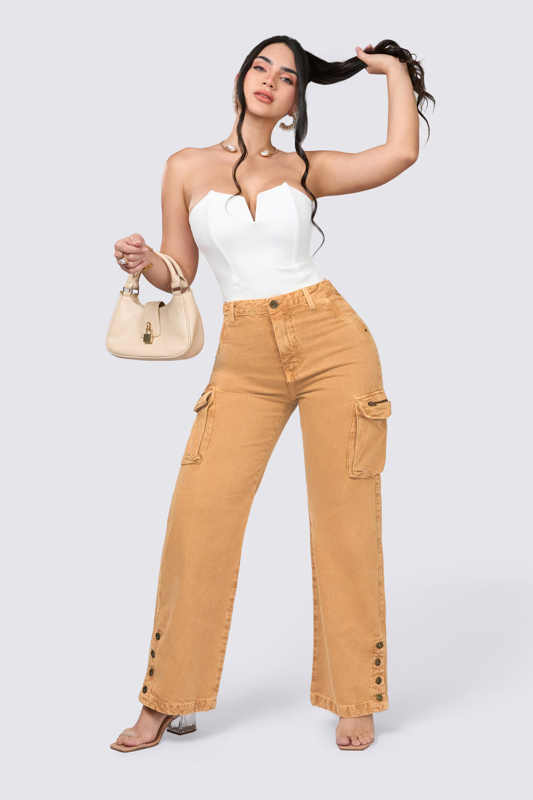 Caramel-colored wide-leg pants with side pockets.