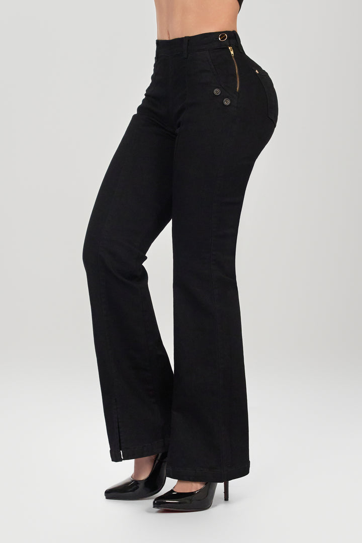 Medium-waist trousers, black color, with side zipper, thin waistband with one button, straight boot.