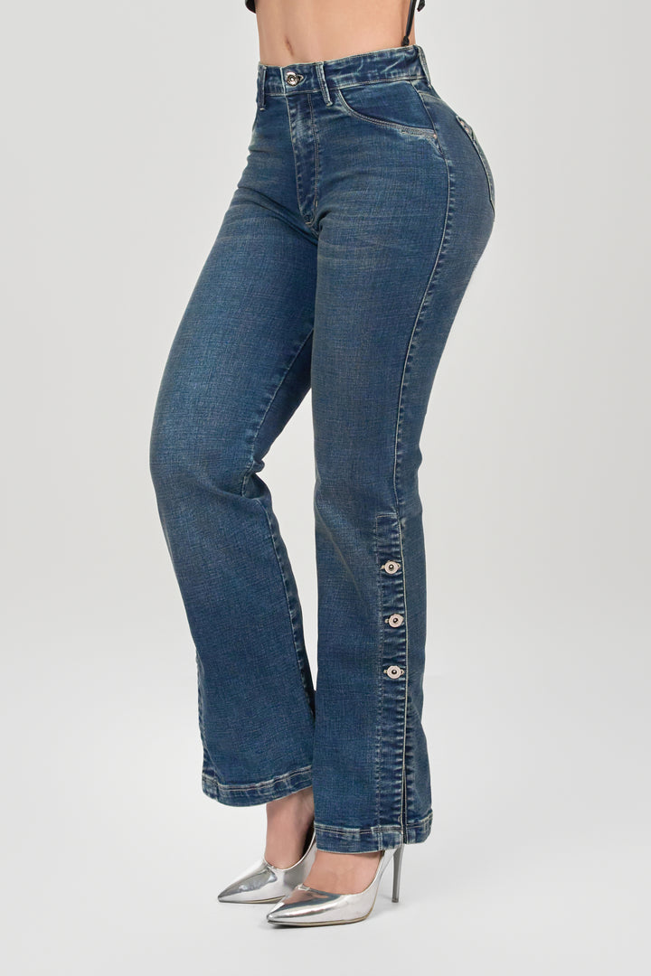 Straight-leg blue pants with buttons at the bottom of the legs for a unique detail.