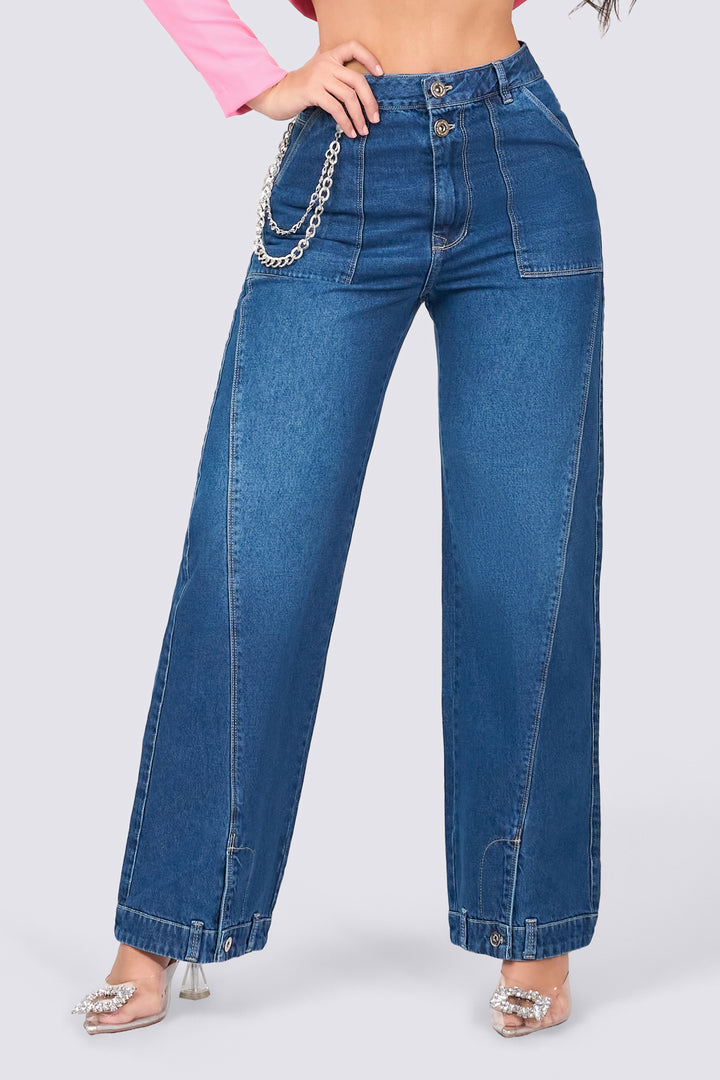Wide-leg, grayish-blue jeans with a slim waist, back pockets, and a comfortable fit. 