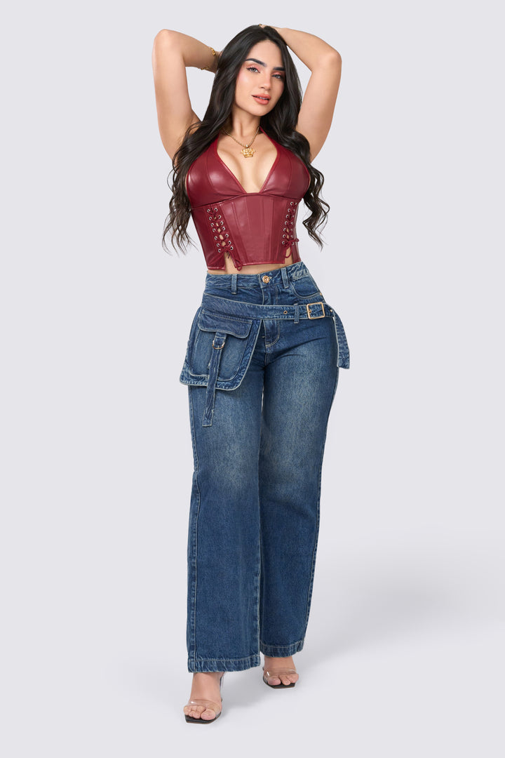 Wide-leg jeans, blue, high-waisted, slim waistband with a single button.