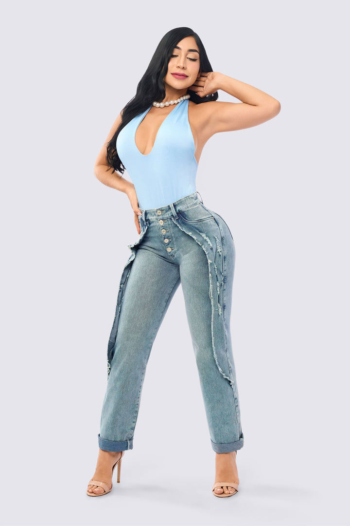 LIGHT BLUE JEANS WITH SIDE FRINGE 7066-N