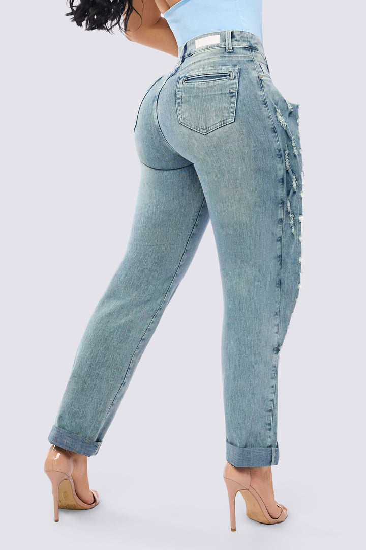 LIGHT BLUE JEANS WITH SIDE FRINGE 7066-N