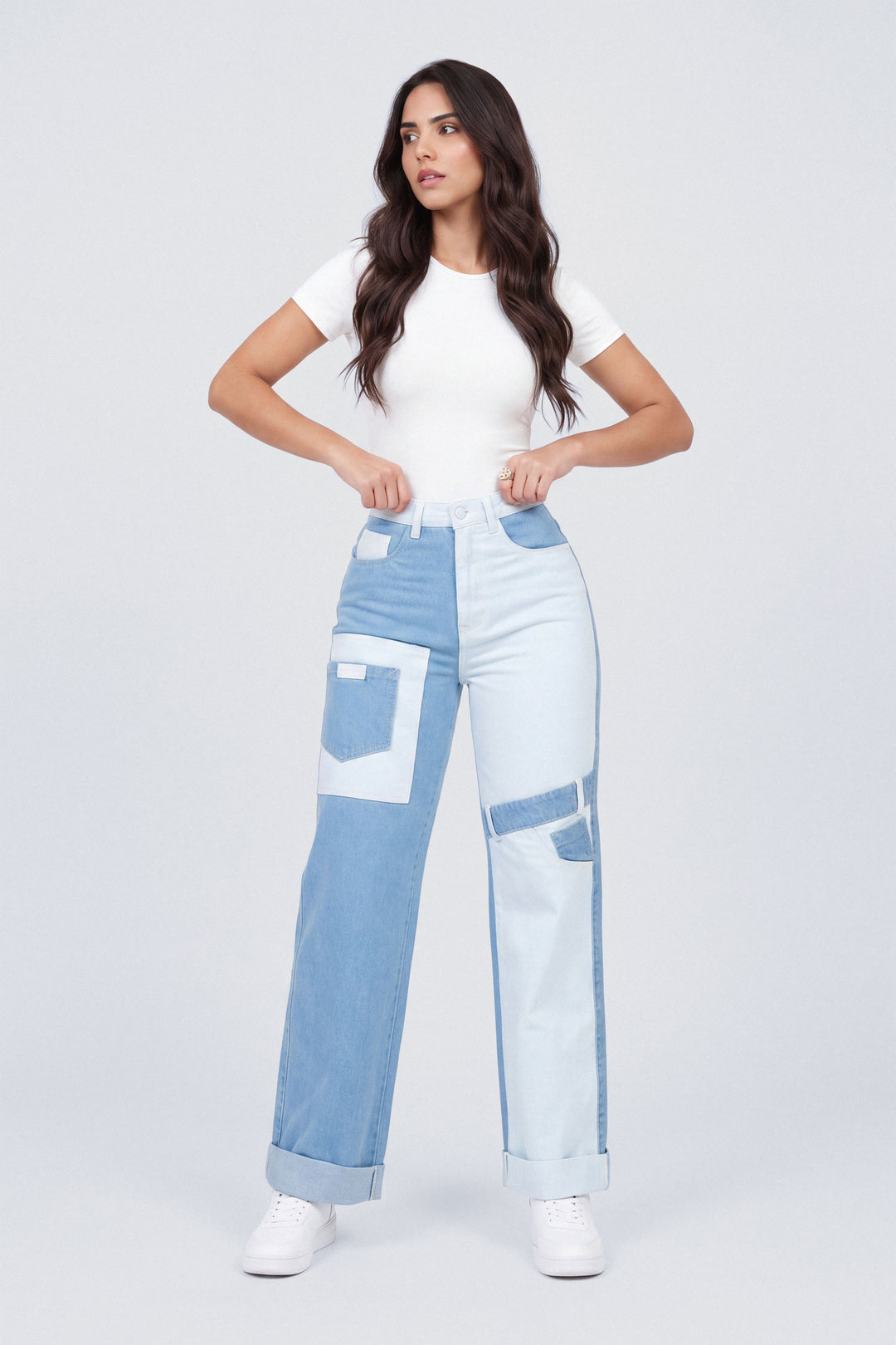 MIXED-PATTERN STRAIGHT-LEG PANTS 7068-N