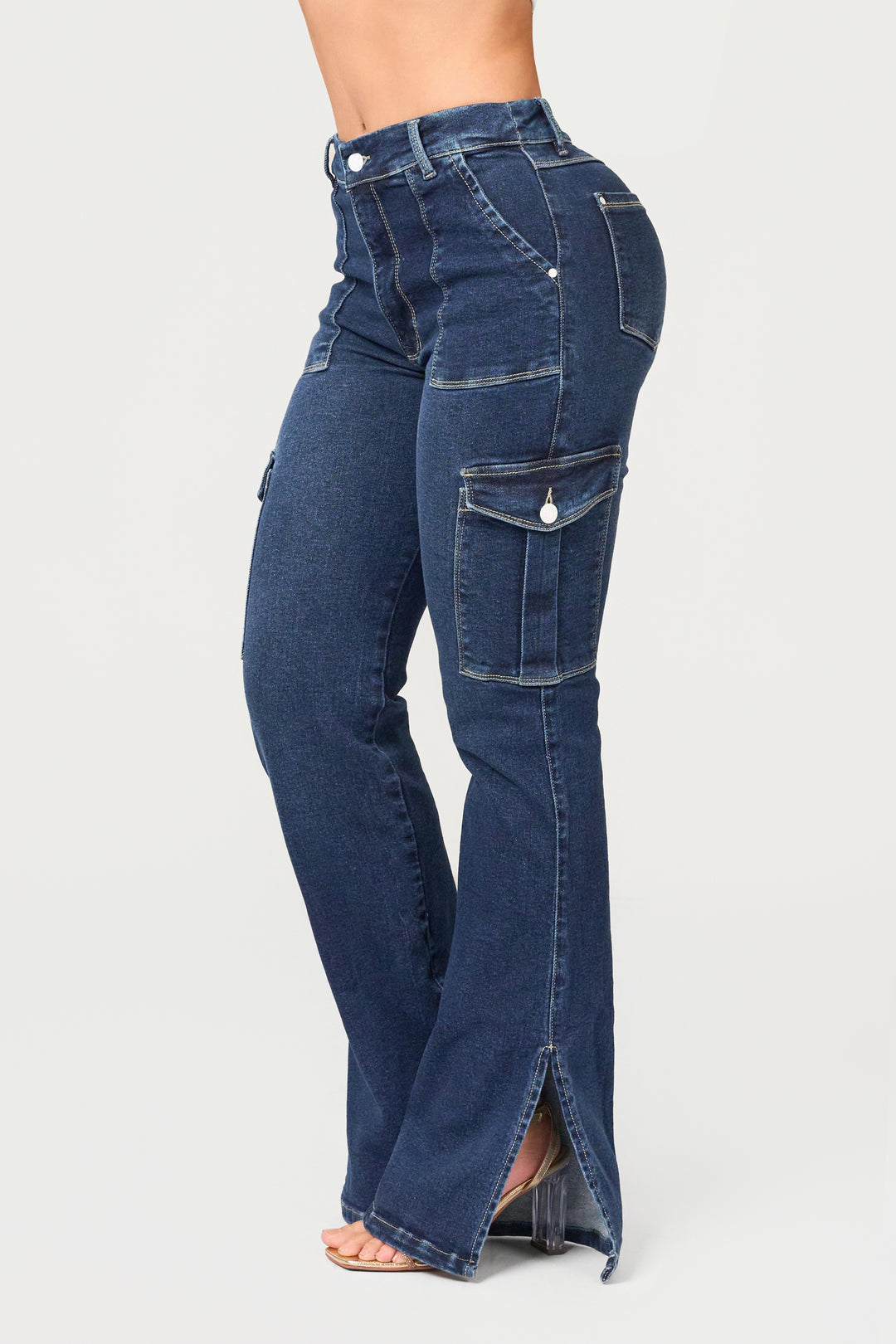 Blue cargo-style pants with a mid-rise waistband, functional pockets, and side slits.