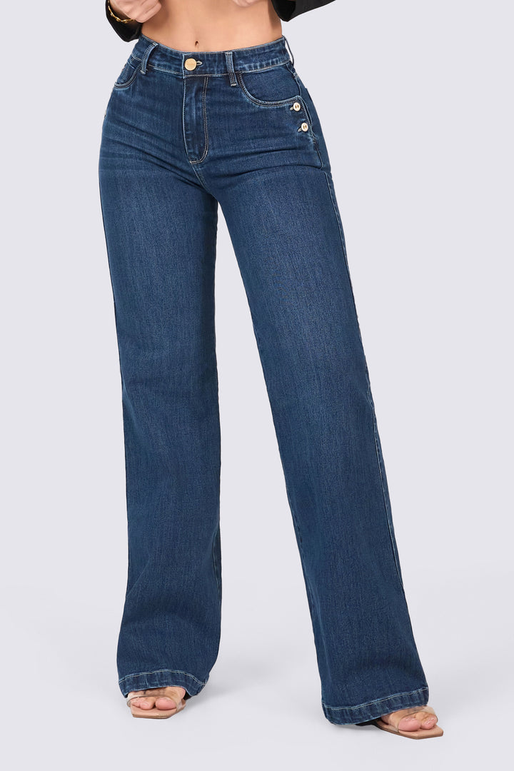 Dark blue wide-leg jeans with a slim waistband and button detailing down the front. 