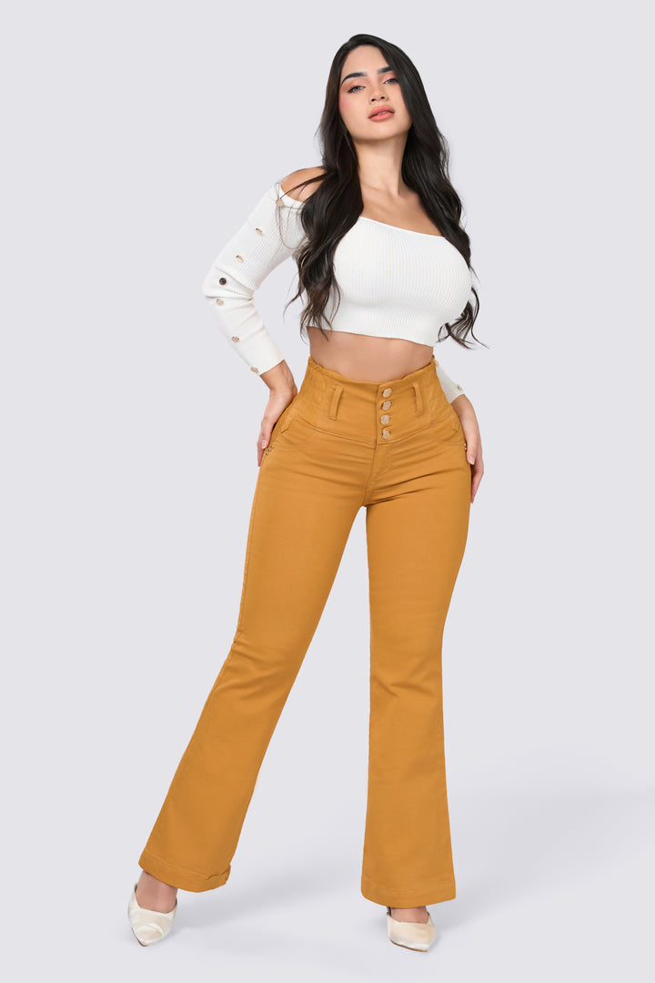 Mustard-colored butt-lifting pants with a high rise and wide, gathered waistband. 