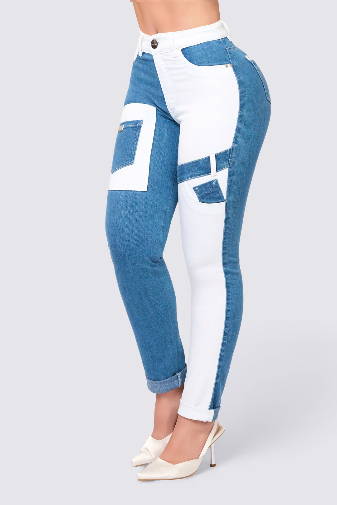 White and blue skinny jeans, high waist, slim waistband. Original design and butt-lifting.