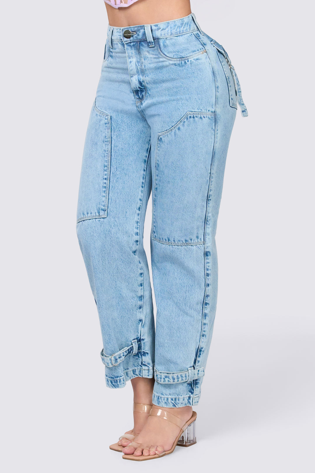 Straight-leg pants with elastic waistband, back pockets, and comfortable fit. 