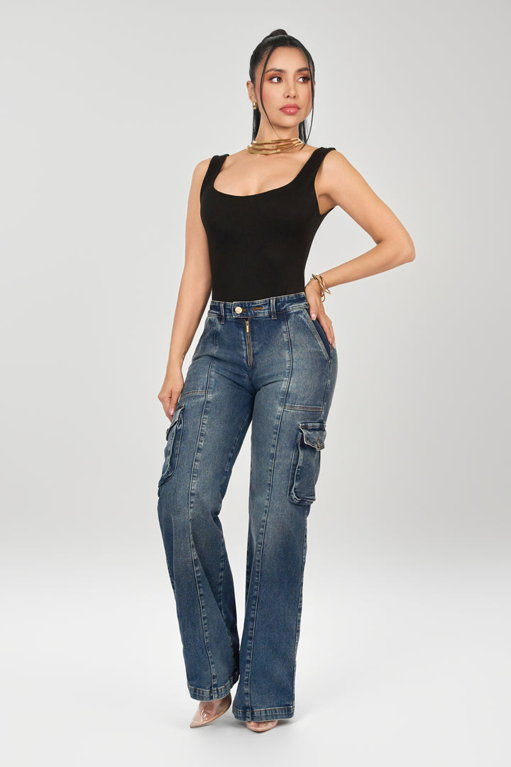 dark blue trousers with faded finish, functional side pockets, and back pockets with slim waistband.