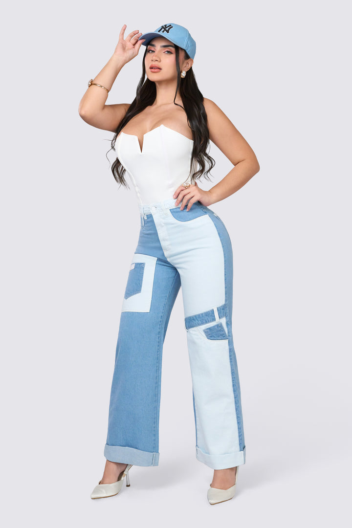 TWO-TONE WIDE LEG JEANS 7068-N